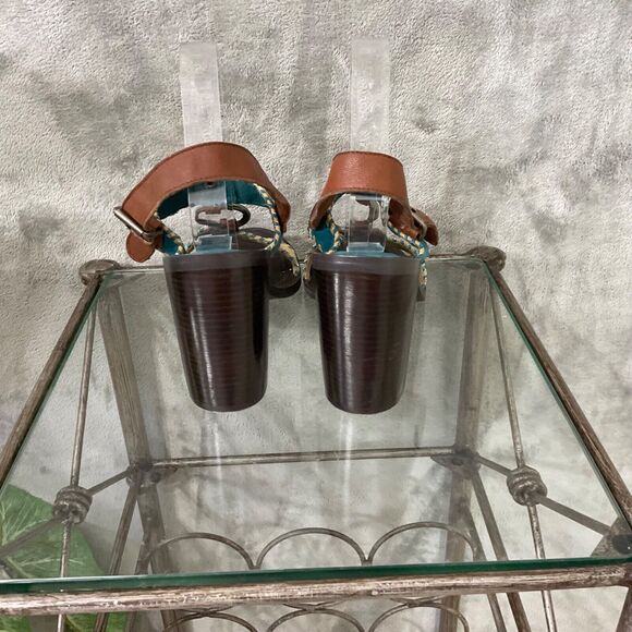 Chinese Laundry Golden LEATHER Heeled Stacked SANDALS WOMAN’S SIZE 9.5 Turquoise - Picture 5 of 10